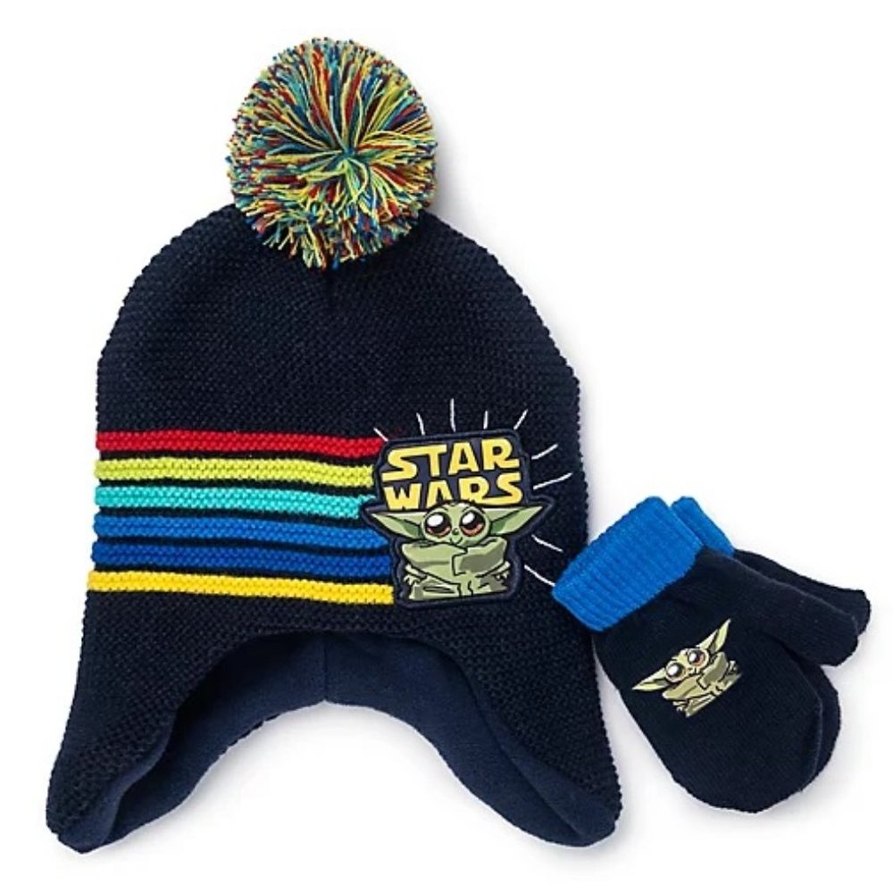 Toddler Boys Star Wars Baby Yoda Grogu Beanie Hat & Mittens Size 2T/4T Navy NWT